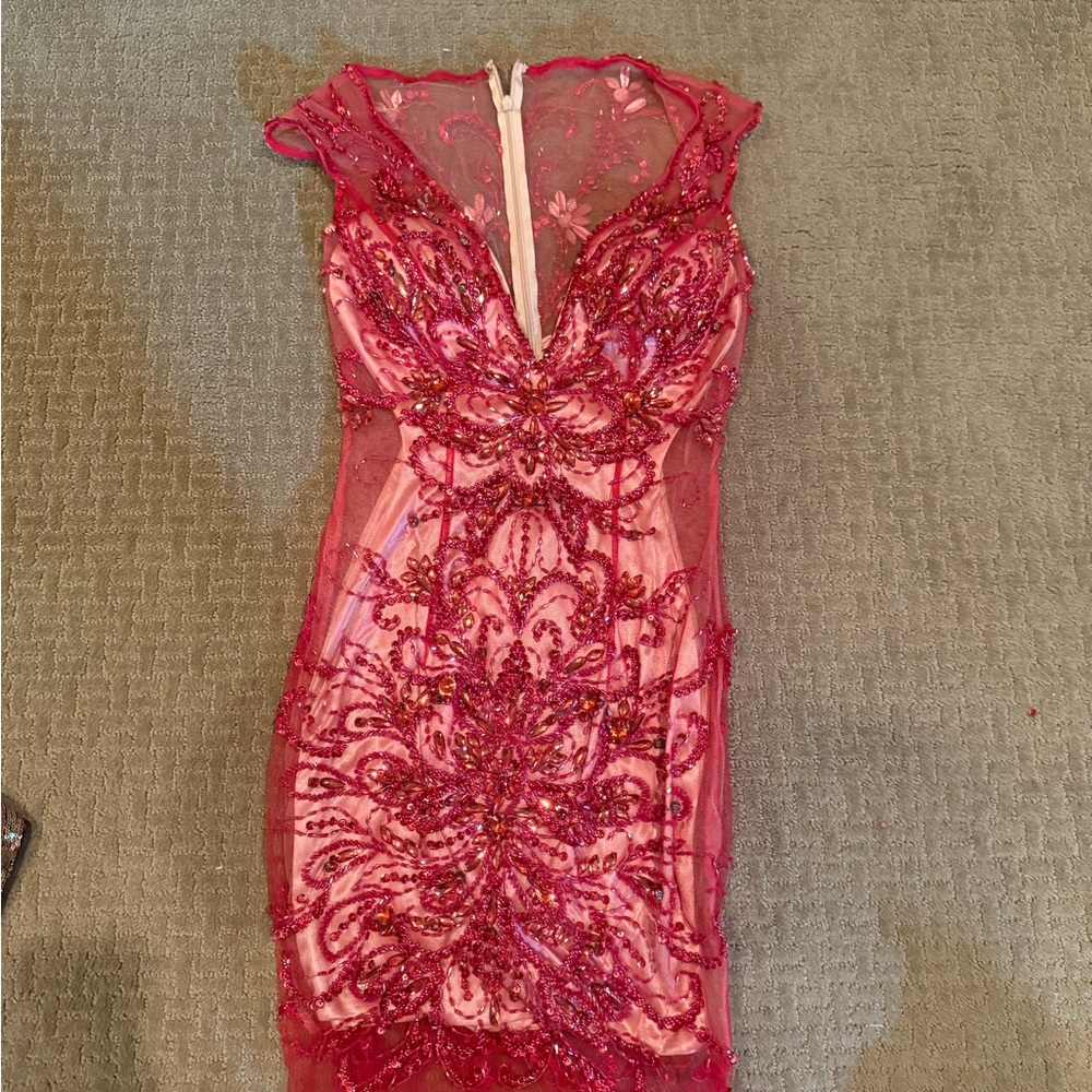 Mac Duggal red sequin sheer dress with nude under-layer - worn once